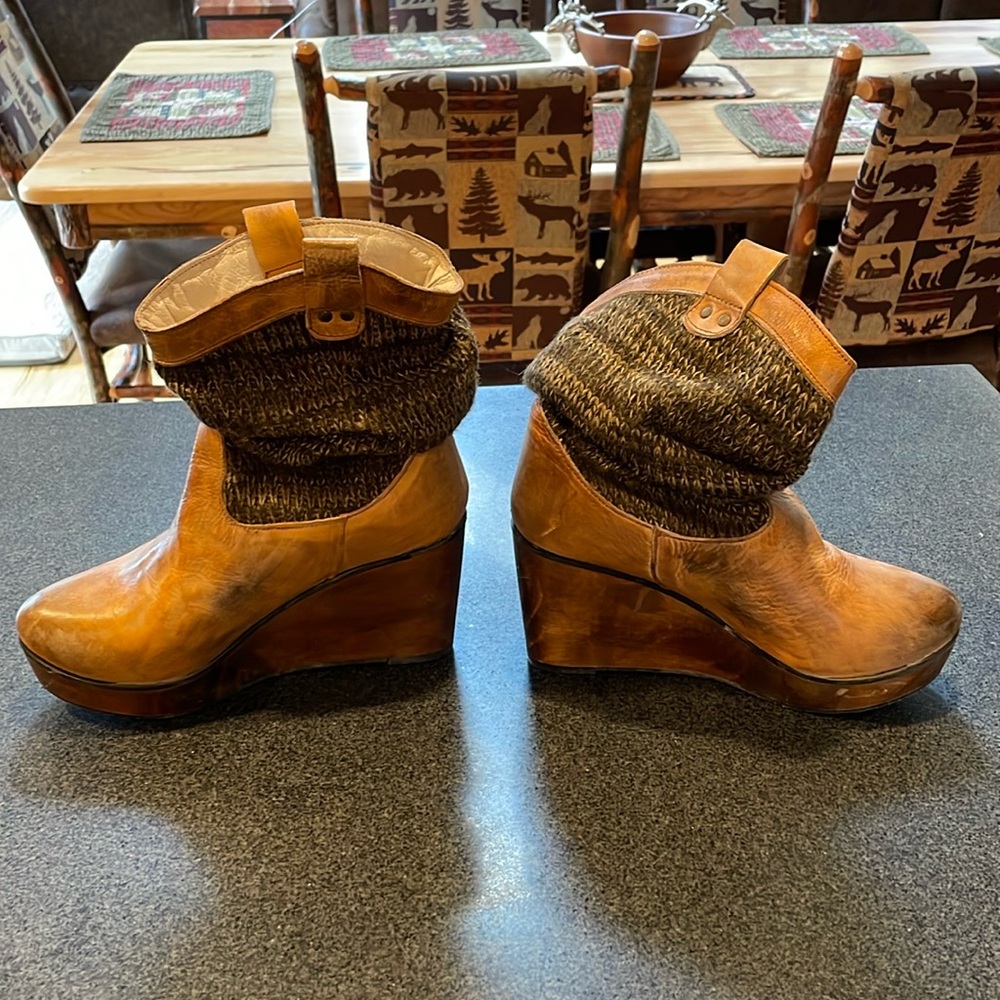 Bed Stu distressed light brown boots with brown/tan wool design, mid calf height